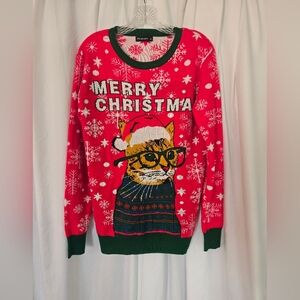 Raisevern Red/White Christmas Cat Holiday Oversize Sweater Size M